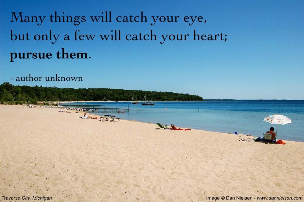 "Many things will catch your eye, but only a few will catch your heart; pursue them." - author unknown