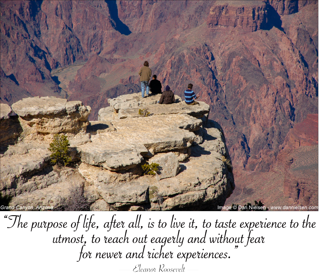 “The purpose of life, after all, is to live it, to taste experience to the utmost,  to reach out eagerly and without fear for newer and richer experiences.” ~ Eleanor Roosevelt